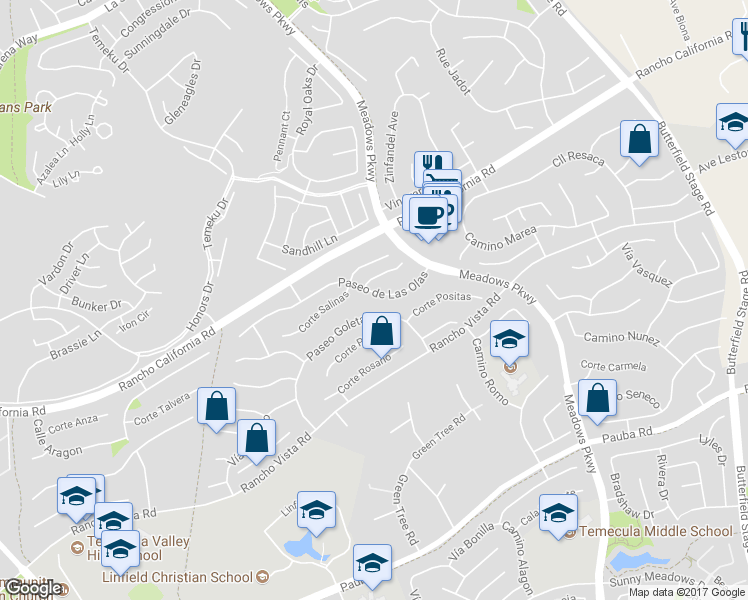 map of restaurants, bars, coffee shops, grocery stores, and more near 31693 Paseo de Las Olas in Temecula