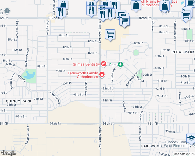 map of restaurants, bars, coffee shops, grocery stores, and more near 6509 91st Street in Lubbock