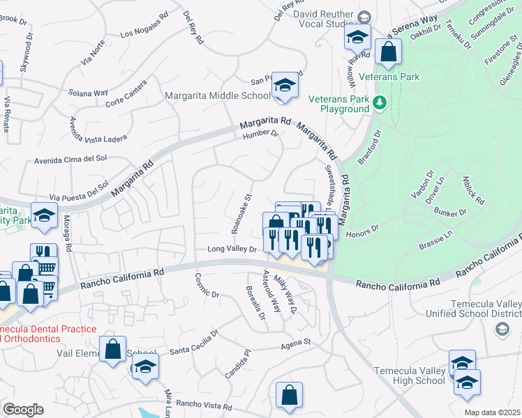 map of restaurants, bars, coffee shops, grocery stores, and more near 30416 Danube Court in Temecula