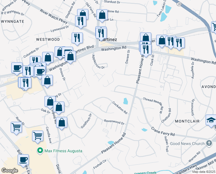 map of restaurants, bars, coffee shops, grocery stores, and more near 2214 Pleasant Drive in Augusta