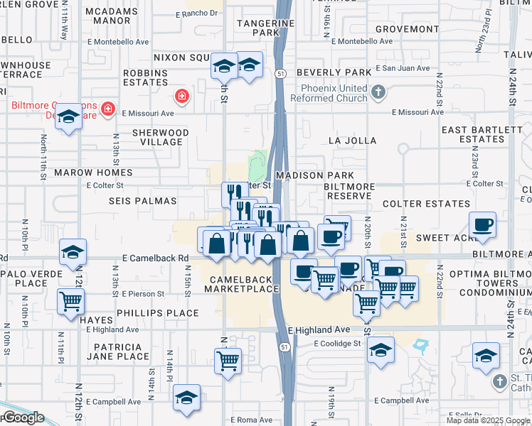 map of restaurants, bars, coffee shops, grocery stores, and more near 1701 East Colter Street in Phoenix