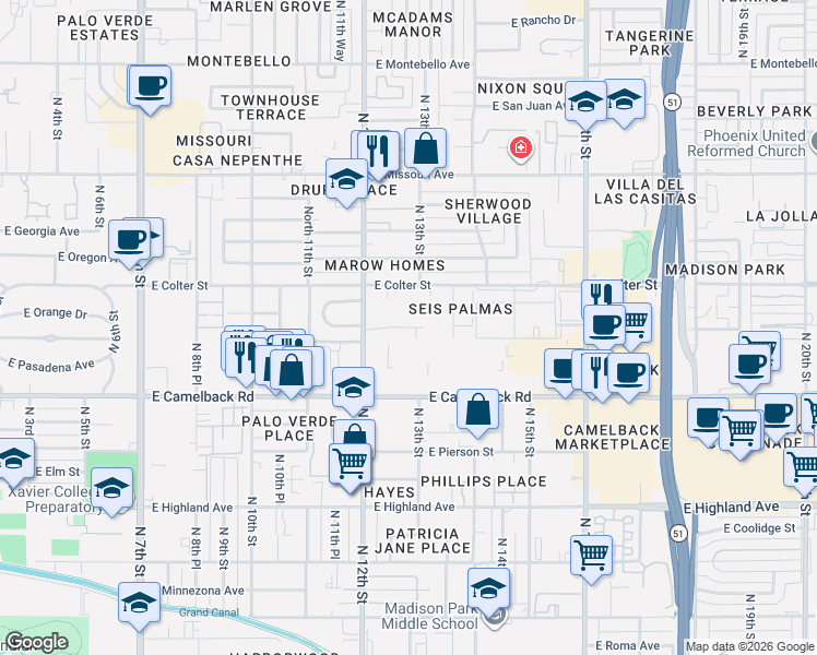 map of restaurants, bars, coffee shops, grocery stores, and more near East Medlock Drive in Phoenix