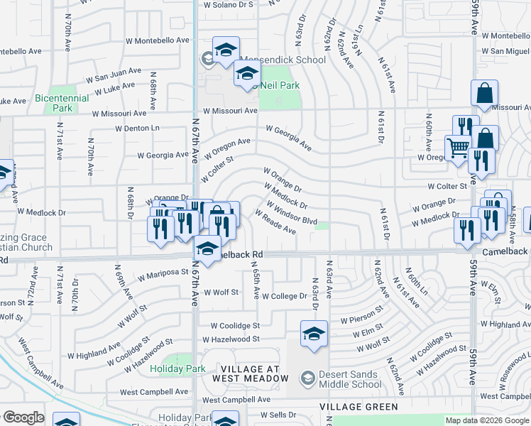 map of restaurants, bars, coffee shops, grocery stores, and more near 6445 West Windsor Boulevard in Glendale