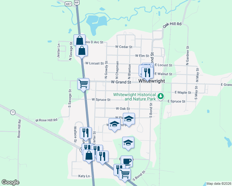 map of restaurants, bars, coffee shops, grocery stores, and more near 401 West Maple Street in Whitewright
