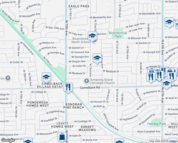 map of restaurants, bars, coffee shops, grocery stores, and more near 5217 North 73rd Drive in Glendale