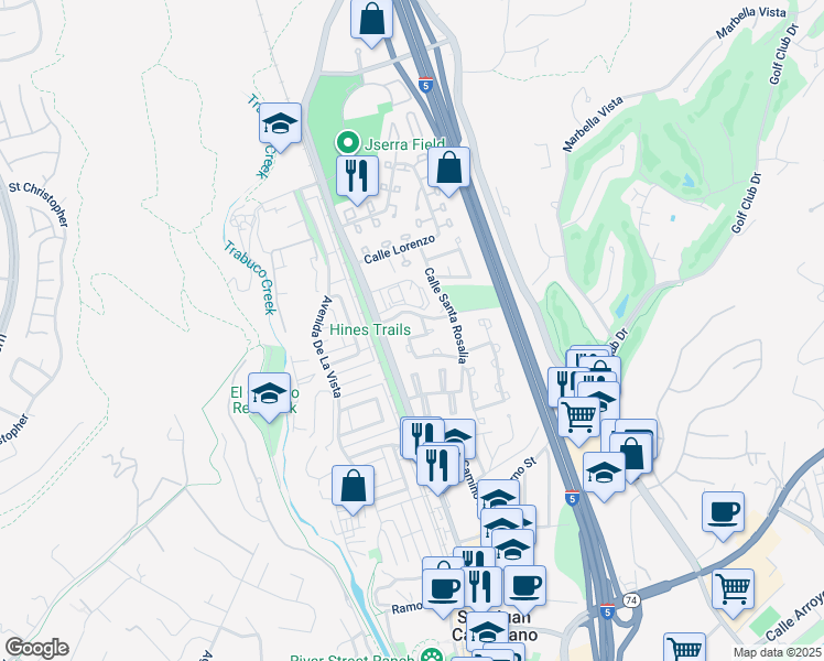 map of restaurants, bars, coffee shops, grocery stores, and more near 31092 Via Santo Tomas in San Juan Capistrano