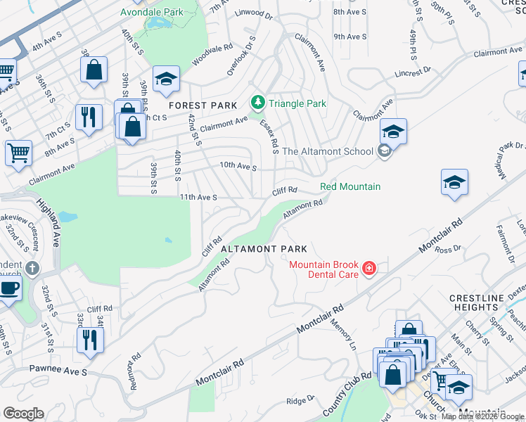 map of restaurants, bars, coffee shops, grocery stores, and more near 4200 Cliff Road in Birmingham