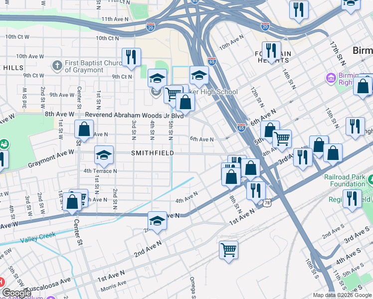 map of restaurants, bars, coffee shops, grocery stores, and more near 512 Graymont Avenue North in Birmingham