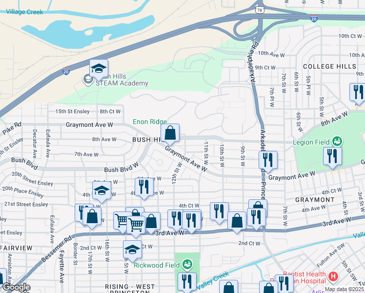 map of restaurants, bars, coffee shops, grocery stores, and more near 1136 7th Avenue West in Birmingham