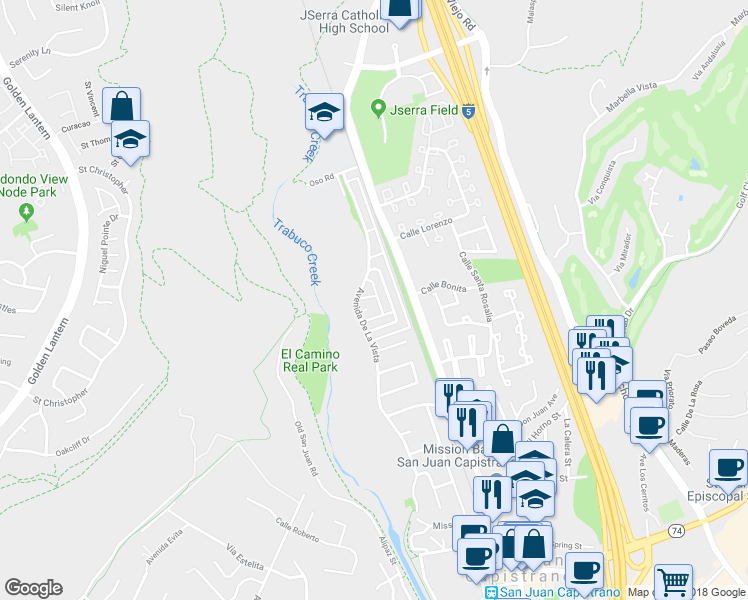 map of restaurants, bars, coffee shops, grocery stores, and more near 26431 Paseo Carmel in San Juan Capistrano