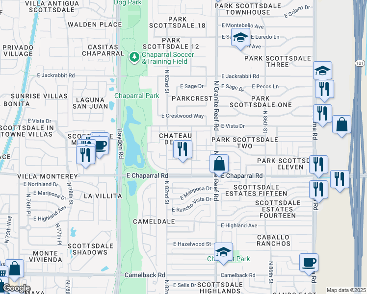 map of restaurants, bars, coffee shops, grocery stores, and more near 8236 East Orange Blossom Lane in Scottsdale