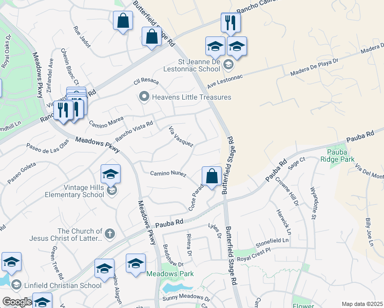 map of restaurants, bars, coffee shops, grocery stores, and more near Camino Casana & Corte Palacio in Temecula