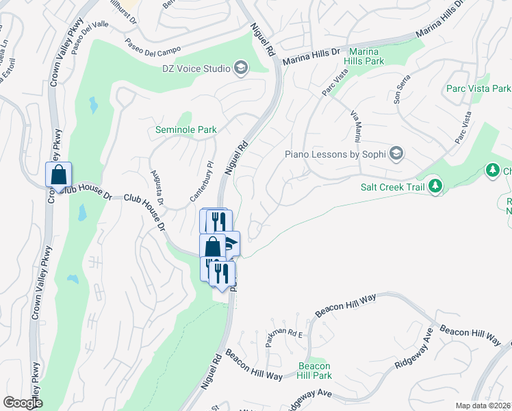map of restaurants, bars, coffee shops, grocery stores, and more near 55 Siena in Laguna Niguel