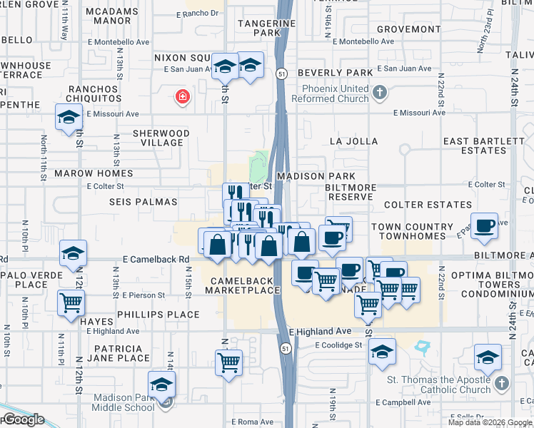 map of restaurants, bars, coffee shops, grocery stores, and more near 1701 East Colter Street in Phoenix