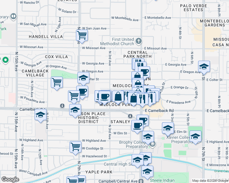 map of restaurants, bars, coffee shops, grocery stores, and more near 37 West Medlock Drive in Phoenix