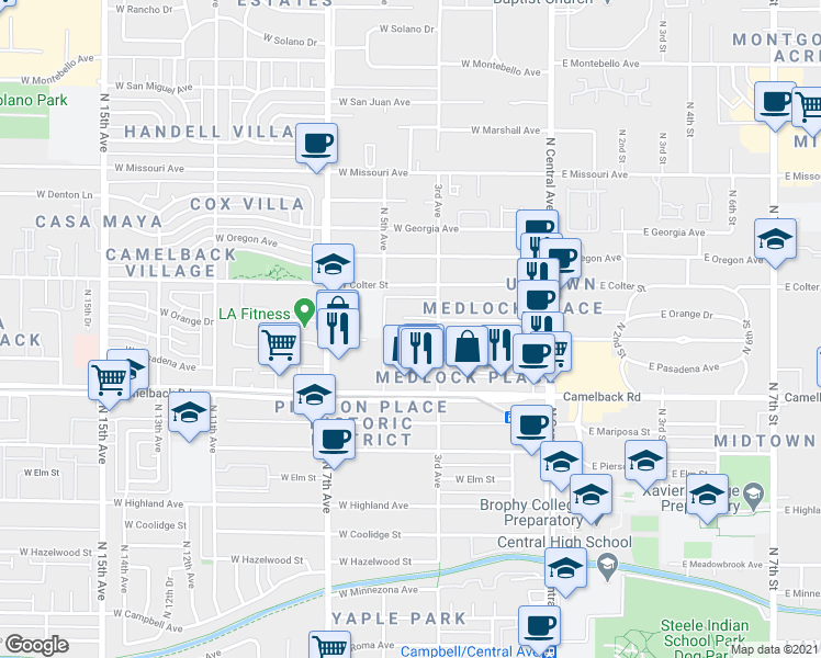 map of restaurants, bars, coffee shops, grocery stores, and more near 301 West Medlock Drive in Phoenix