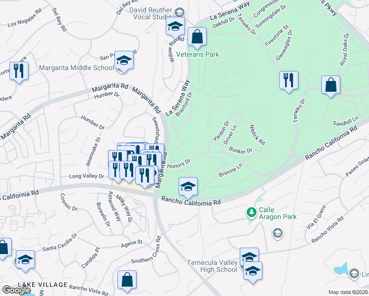 map of restaurants, bars, coffee shops, grocery stores, and more near 30840 Point Woods Court in Temecula