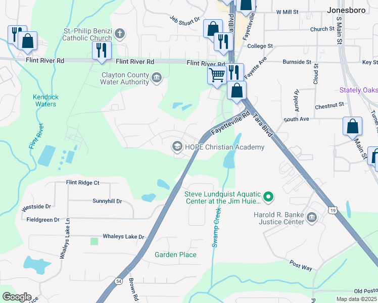 map of restaurants, bars, coffee shops, grocery stores, and more near 8943 Fayetteville Road in Jonesboro