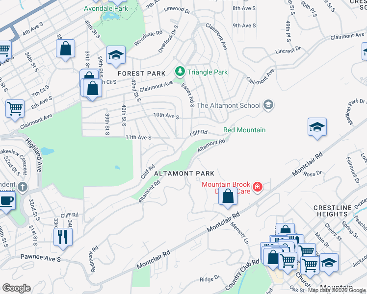 map of restaurants, bars, coffee shops, grocery stores, and more near 4200 Cliff Road in Birmingham