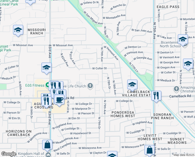 map of restaurants, bars, coffee shops, grocery stores, and more near 7922 West Medlock Drive in Glendale