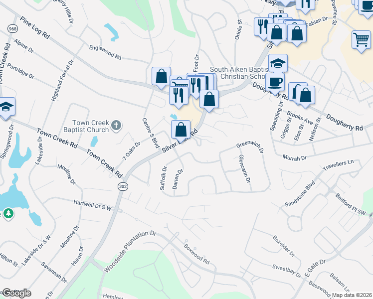 map of restaurants, bars, coffee shops, grocery stores, and more near 514 Silver Bluff Road in Aiken