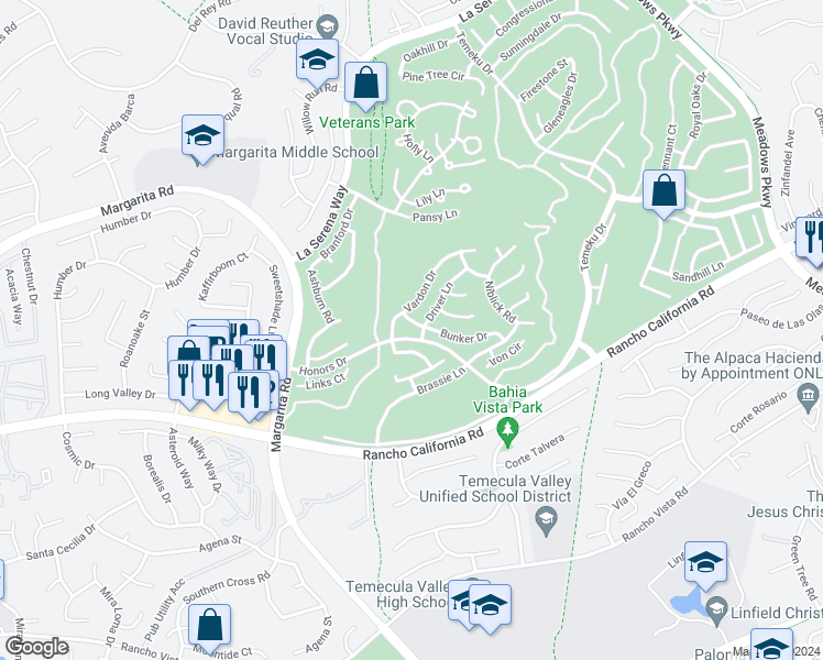 map of restaurants, bars, coffee shops, grocery stores, and more near 30889 Bunker Drive in Temecula