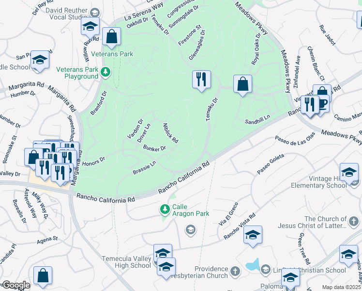map of restaurants, bars, coffee shops, grocery stores, and more near 41973 Niblick Road in Temecula