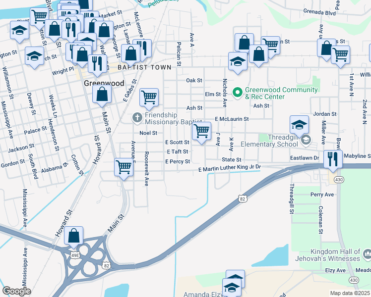 map of restaurants, bars, coffee shops, grocery stores, and more near 211 East Taft Street in Greenwood
