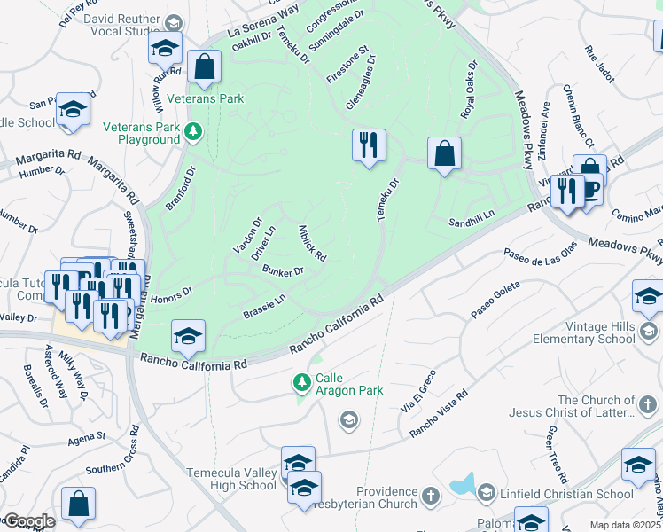 map of restaurants, bars, coffee shops, grocery stores, and more near 41973 Niblick Road in Temecula