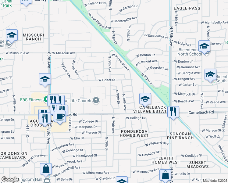 map of restaurants, bars, coffee shops, grocery stores, and more near 7891 West Medlock Drive in Glendale