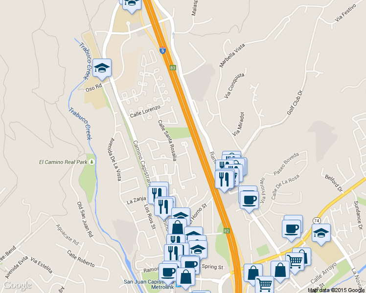 map of restaurants, bars, coffee shops, grocery stores, and more near 31085 Via San Vicente in San Juan Capistrano