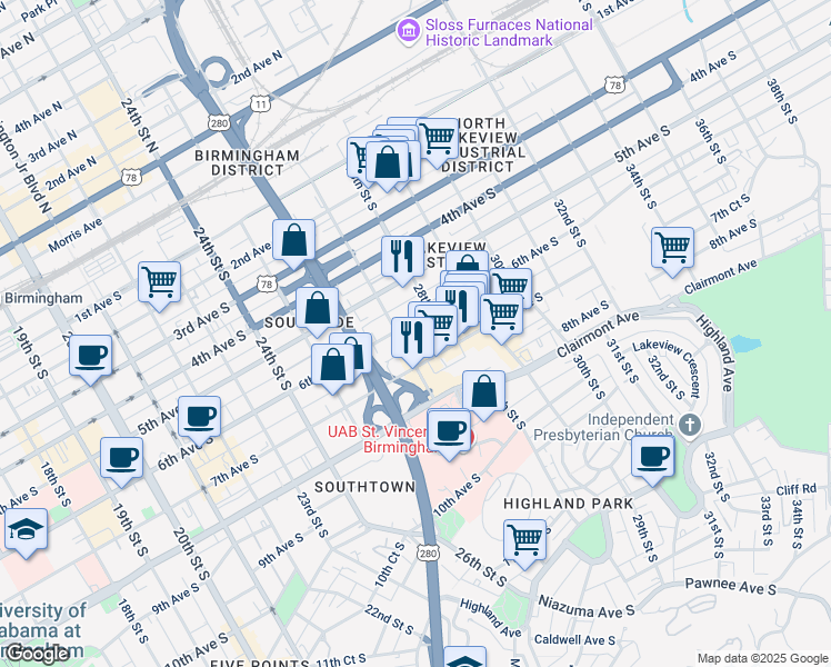 map of restaurants, bars, coffee shops, grocery stores, and more near 2721 6th Avenue South in Birmingham