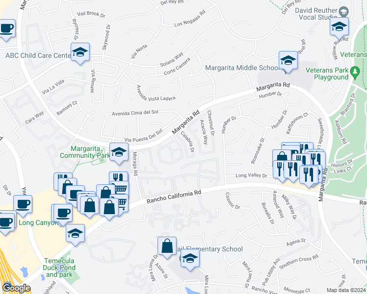 map of restaurants, bars, coffee shops, grocery stores, and more near 42112 Veneto Drive in Temecula