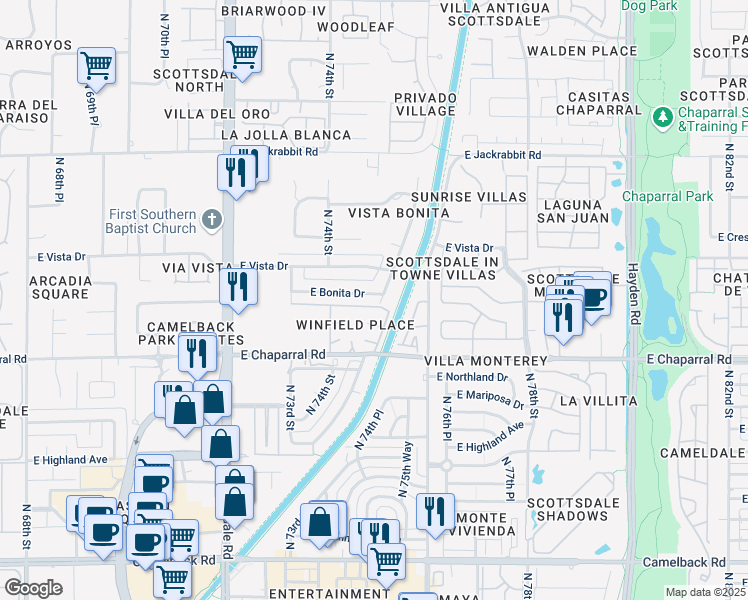 map of restaurants, bars, coffee shops, grocery stores, and more near 7443 East Bonita Drive in Scottsdale