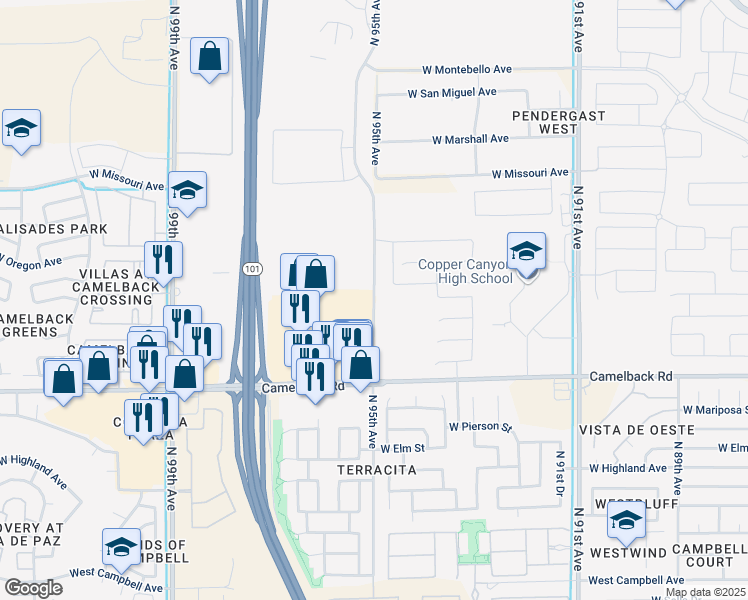 map of restaurants, bars, coffee shops, grocery stores, and more near 5258 North 95th Avenue in Glendale