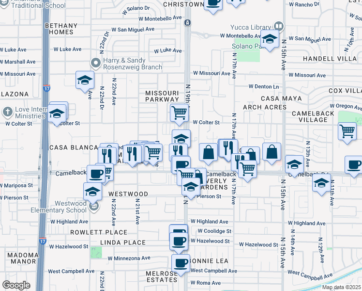 map of restaurants, bars, coffee shops, grocery stores, and more near 5060 North 19th Avenue in Phoenix