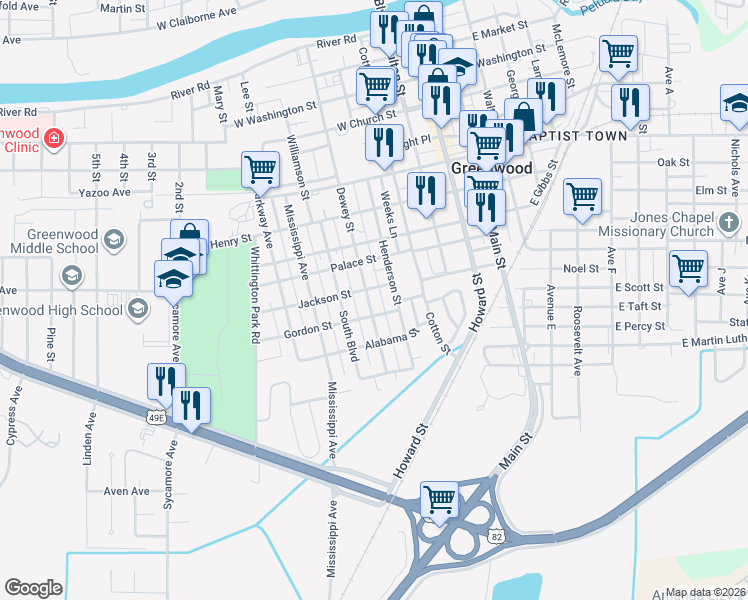 map of restaurants, bars, coffee shops, grocery stores, and more near 1005 Dewey Street in Greenwood