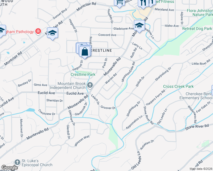 map of restaurants, bars, coffee shops, grocery stores, and more near 4237 Warren Road in Birmingham
