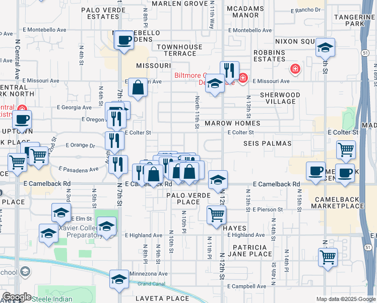 map of restaurants, bars, coffee shops, grocery stores, and more near 5111 North 10th Place in Phoenix
