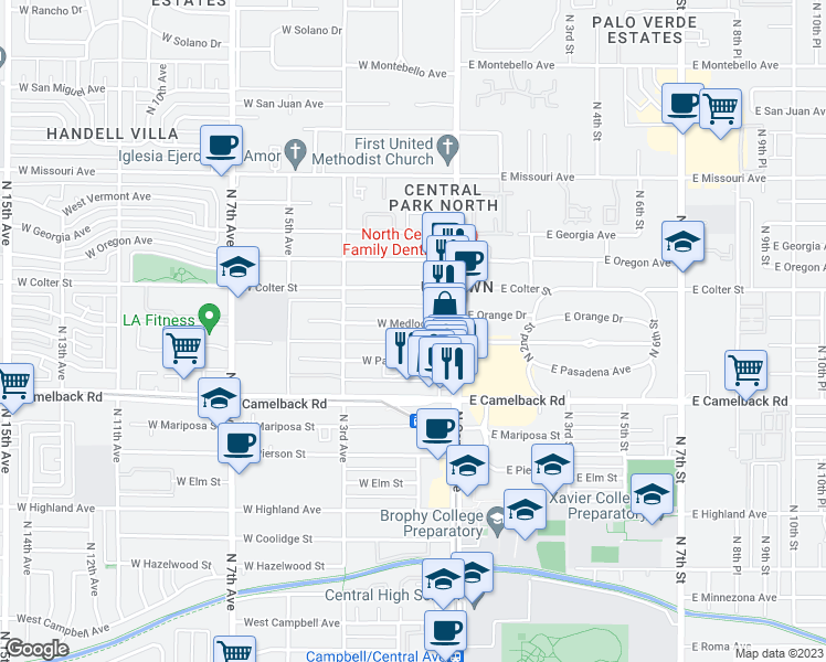 map of restaurants, bars, coffee shops, grocery stores, and more near 17 West Medlock Drive in Phoenix