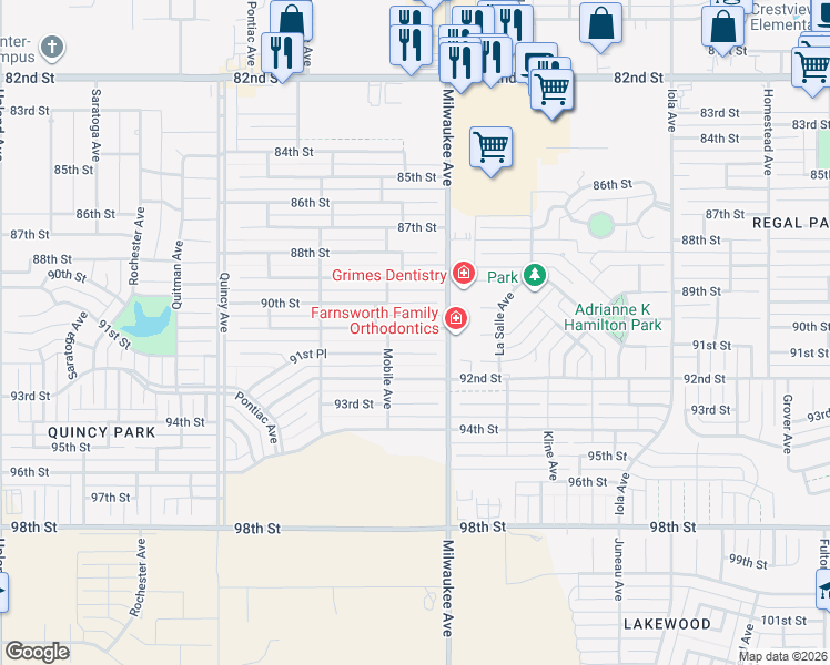 map of restaurants, bars, coffee shops, grocery stores, and more near 6509 91st Street in Lubbock