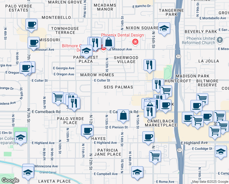 map of restaurants, bars, coffee shops, grocery stores, and more near 5124 North 13th Place in Phoenix