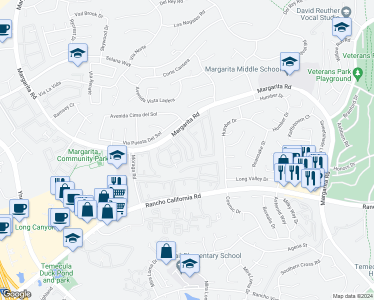 map of restaurants, bars, coffee shops, grocery stores, and more near 42114 Veneto Drive in Temecula