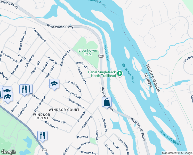 map of restaurants, bars, coffee shops, grocery stores, and more near 2442 Riverlook Drive in Augusta