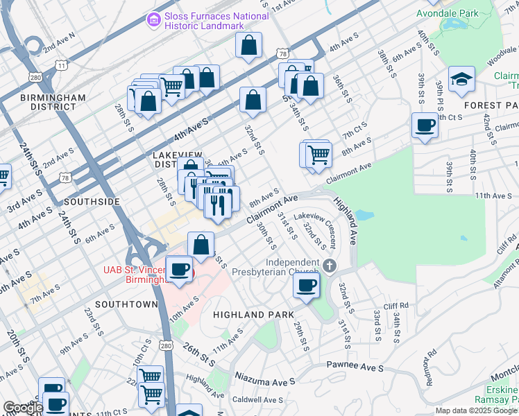 map of restaurants, bars, coffee shops, grocery stores, and more near 3008 Clairmont Avenue in Birmingham