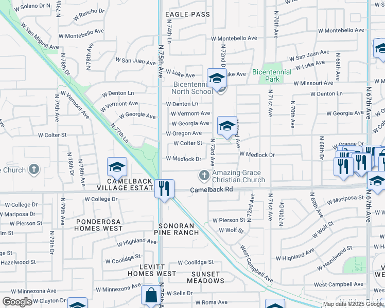 map of restaurants, bars, coffee shops, grocery stores, and more near 5218 North 73rd Lane in Glendale