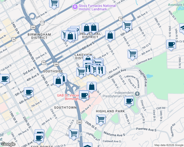map of restaurants, bars, coffee shops, grocery stores, and more near 2839 7th Avenue South in Birmingham