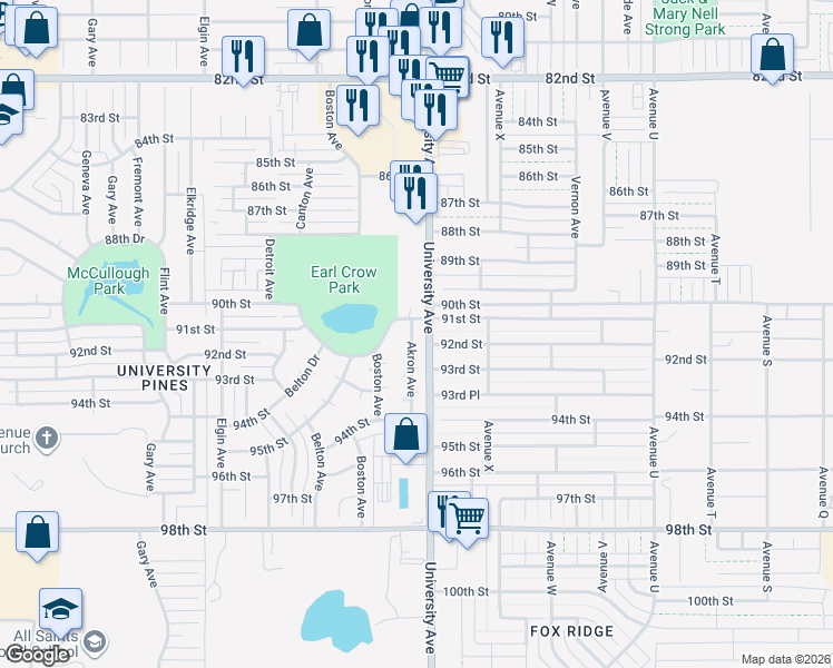 map of restaurants, bars, coffee shops, grocery stores, and more near 9103 Akron Avenue in Lubbock