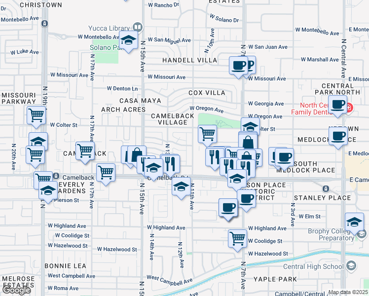 map of restaurants, bars, coffee shops, grocery stores, and more near 1115 West Orange Drive in Phoenix