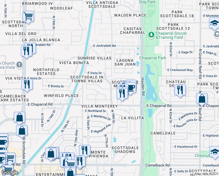 map of restaurants, bars, coffee shops, grocery stores, and more near 7736 East Medlock Drive in Scottsdale